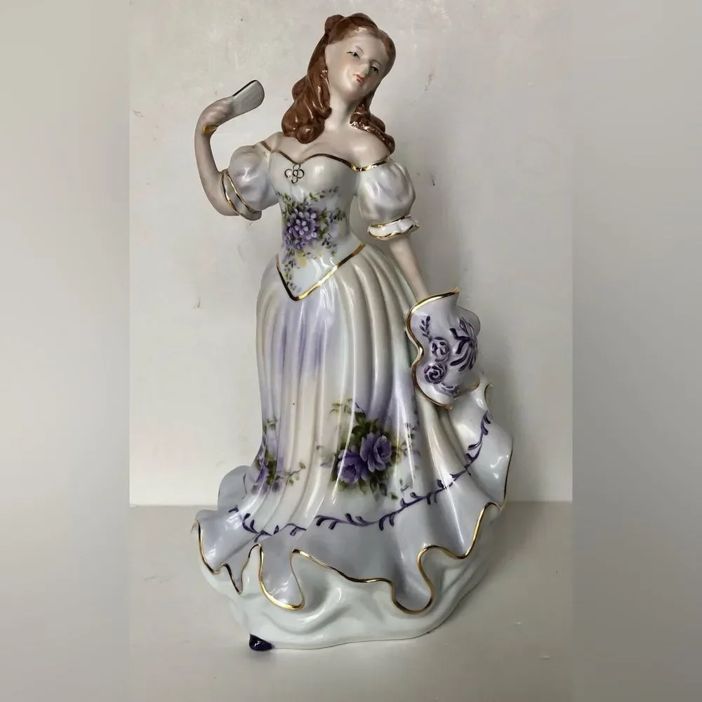 MUSIC BOX LADY PLAYS FOR ELISA IN DRESS WHITE, PURPLE FLOWERS AND TRIM GOLD
